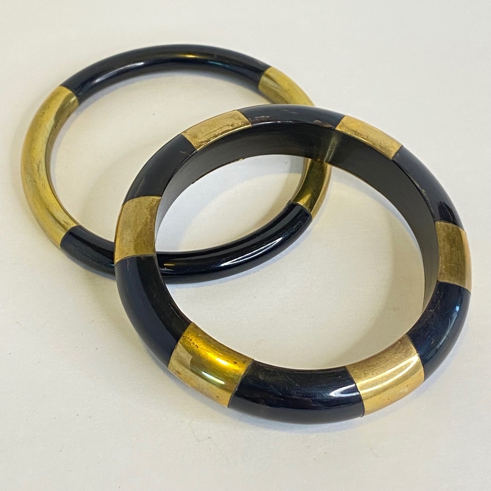 Vintage Black Brass Bangle Bracelet Set of 2 Gold Tone Boho Geometric Statement